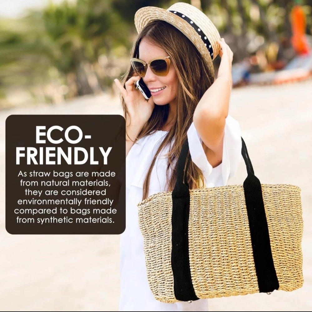 Stylish Tan and Black Woven Tote Bag - Picture 5 of 7